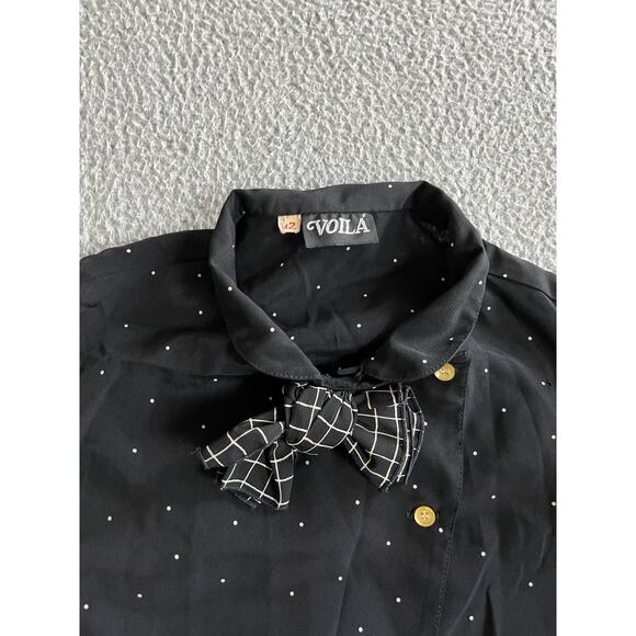 Voila Button Up Top 12 Large Bow Asymmetric Polka Dot Long Sleeve Retro Blouse - Picture 13 of 16
